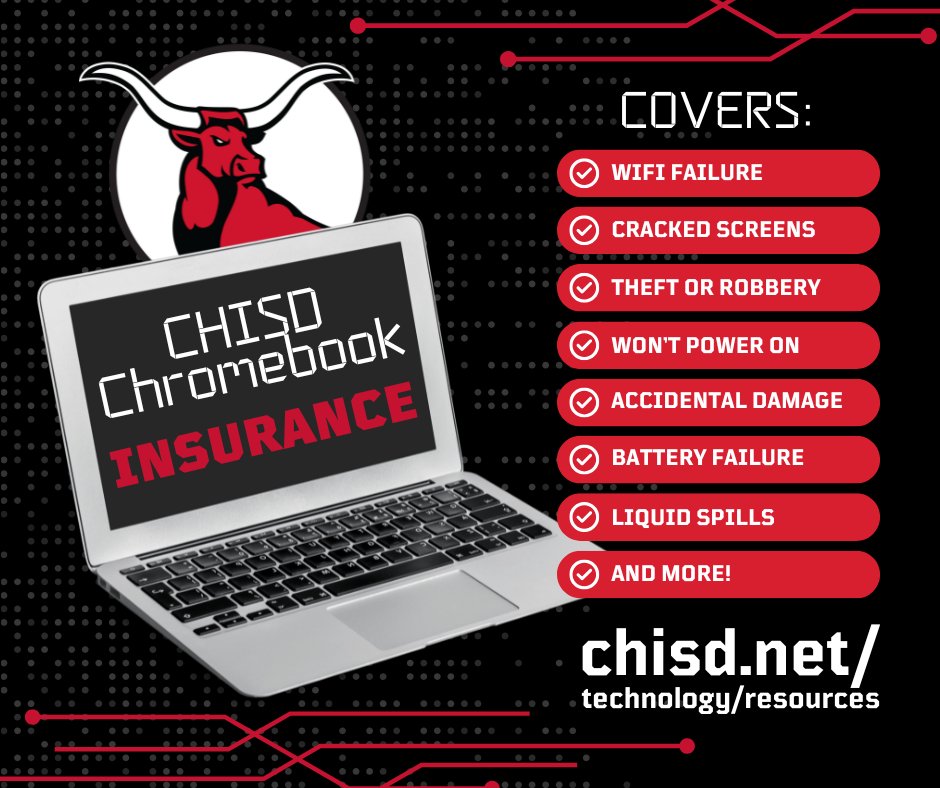 📱💻 Protect your tech! Chromebook insurance for CHISD students is now available for the 2025–2026 school year.

Click here to register today: ow.ly/INW950WqbOT

Learn more here: ow.ly/Y7tv50WqbOS

#CHISDtech #aCHieveMore #ChromebookCoverage
