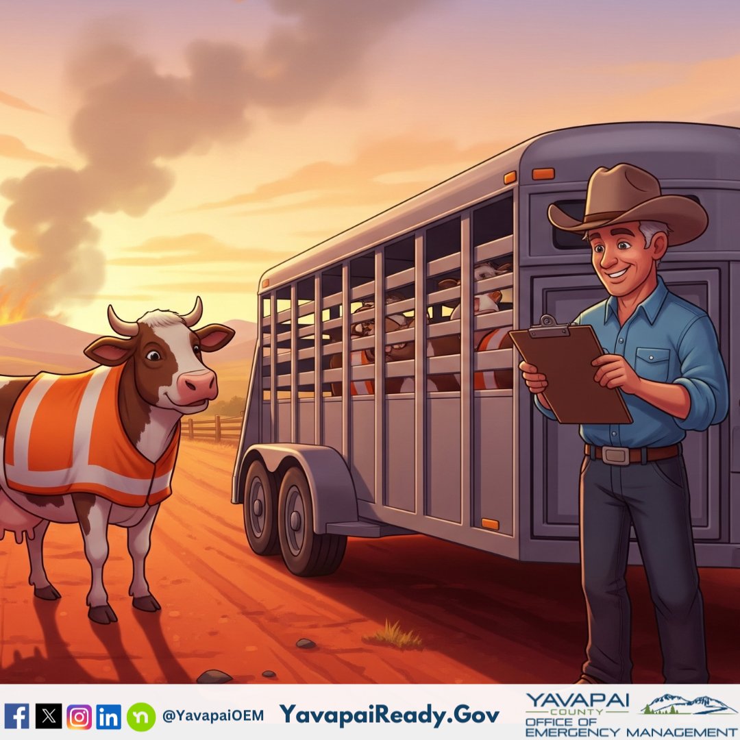 🐄 Happy Cow Appreciation Day! Don’t moo-dle on livestock safety: plan evacuation routes, prep feed &amp; water, ID your animals. More tips: YavapaiReady.gov #CowAppreciationDay #LivestockPreparedness #YavapaiReady #EMwithHumor #AIGenerated #YavapaiCounty
