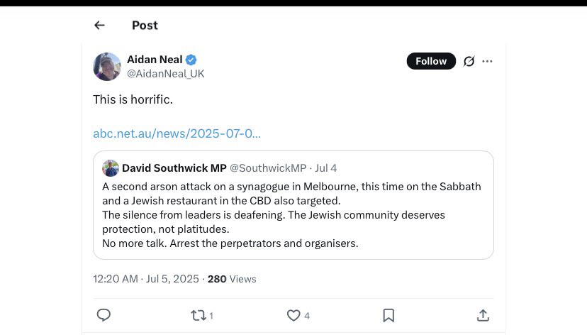 AidanNeal_UK's tweet image. Intrigued to see how somebody who cannot even spell my name correctly has apparently discovered I am an Israeli infiltrator (!).
He cites as evidence for this that I expressed horror at an arson attack on a synagogue in Melbourne.