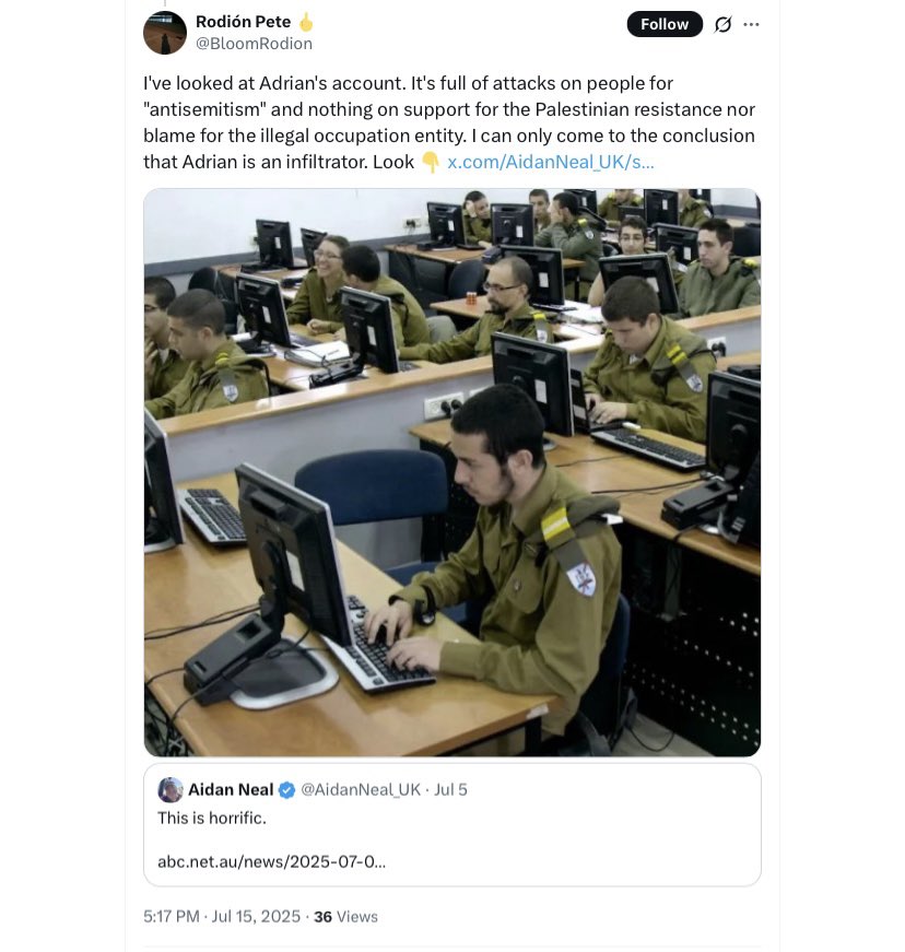 AidanNeal_UK's tweet image. Intrigued to see how somebody who cannot even spell my name correctly has apparently discovered I am an Israeli infiltrator (!).
He cites as evidence for this that I expressed horror at an arson attack on a synagogue in Melbourne.