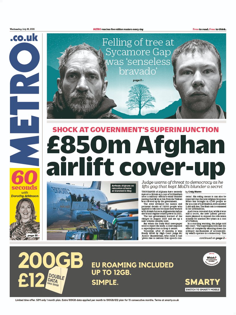 Wednesday's METRO: £850m Afghan airlift cover-up #TomorrowsPapersToday