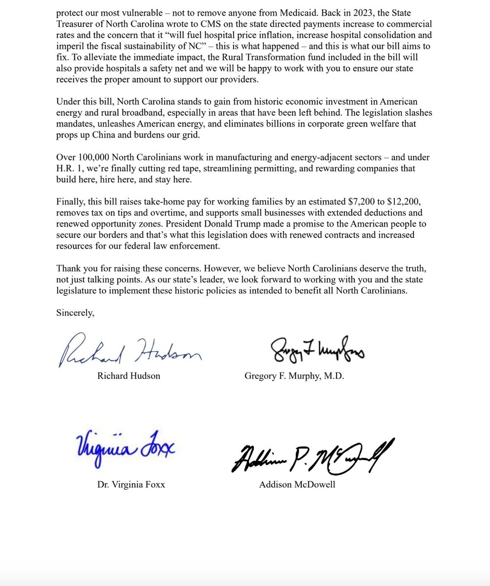 Olivia_Beavers's tweet image. New -- The entire House GOP North Carolina delegation sent a letter to NC Gov. Stein today responding to his July 2 letter that raised "deep" concerns that Pres. Trump's OBBB would hurt SNAP, Medicaid, etc. in the state. Stein argued it could pose a long-term threat "to the…