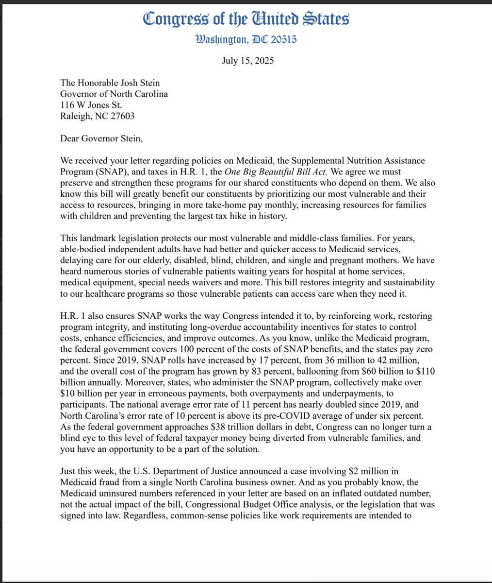 Olivia_Beavers's tweet image. New -- The entire House GOP North Carolina delegation sent a letter to NC Gov. Stein today responding to his July 2 letter that raised "deep" concerns that Pres. Trump's OBBB would hurt SNAP, Medicaid, etc. in the state. Stein argued it could pose a long-term threat "to the…