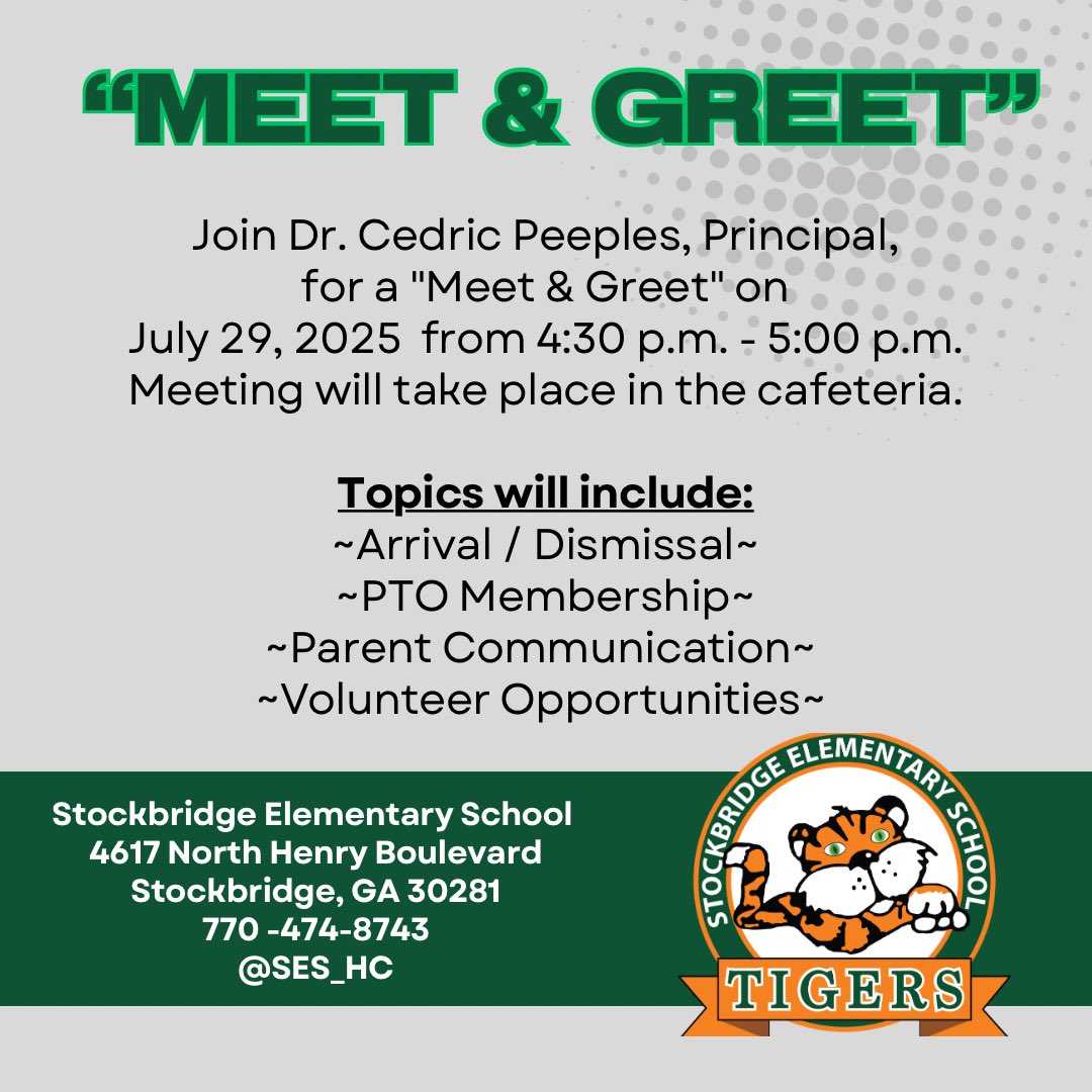 Dr. Cedric Peeples (@cedricpeeples) on Twitter photo Attention <a href="/SES_HC/">Stockbridge Elementary School</a> Families - Join me for a "Meet & Greet" prior to Open House on Tuesday, July 29, 2025 from 4:30 - 5:00. Details listed below. Together, we will continue "Striving | Exceeding Succeeding" <a href="/CindyMcClammey/">Cynthia McClammey</a> <a href="/SES_Wellness/">SES Wellness</a> Attention <a href="/SES_HC/">Stockbridge Elementary School</a> Families - Join me for a "Meet & Greet" prior to Open House on Tuesday, July 29, 2025 from 4:30 - 5:00. Details listed below. Together, we will continue "Striving | Exceeding Succeeding" <a href="/CindyMcClammey/">Cynthia McClammey</a> <a href="/SES_Wellness/">SES Wellness</a>