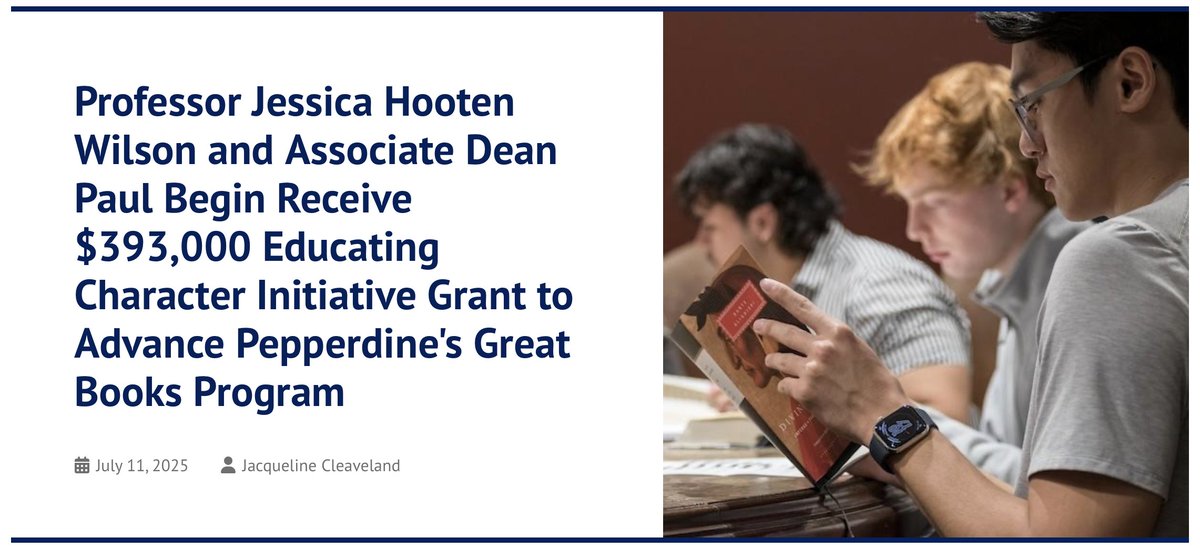 trinityforum's tweet image. Congratulations to Trinity Forum Senior Fellow @HootenWilson! She is the Fletcher Jones Chair of Great Books at @Pepperdine and received a $393K grant from @character_wfu. The funding will help expand Pepperdine’s Great Books Colloquium into a full core curriculum alternative in…