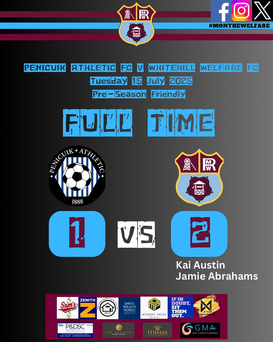 WhitehilWelfare's tweet photo. FT: Whitehill Welfare 2-1 Penicuik
Another strong pre-season run out 💪
Goals from Kai Austin &amp; Jamie Abrahams had us 2-0 up at the break. Penicuik pulled one back in the 2nd half, but we saw it out 👊

Thanks to Penicuik &amp; all the best for the season ahead! #monthewelfare https://t.co/V0Htgmv7dv
