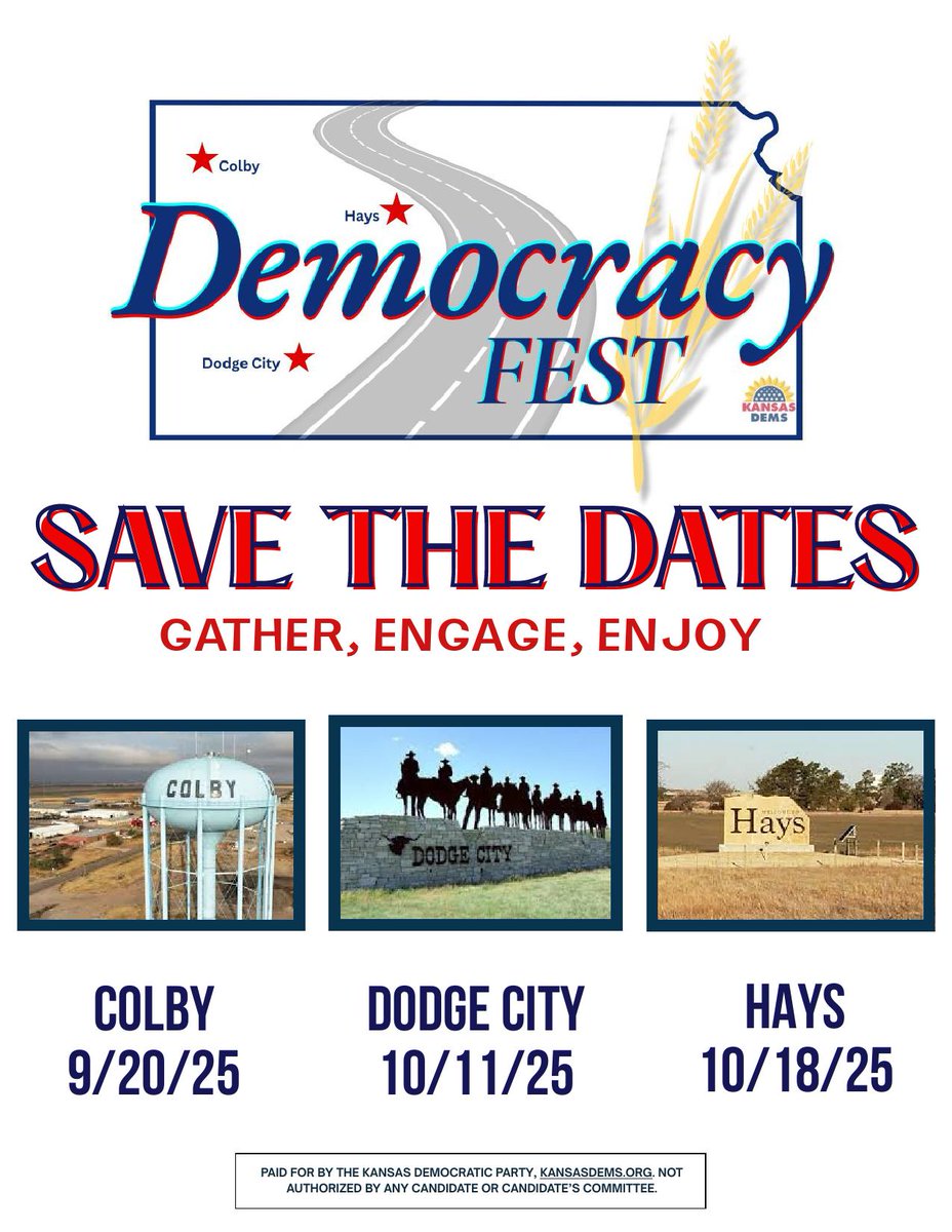 KansasDems's tweet image. We're excited to announce our new regional event series: Democracy Fest!
We're bringing folks together throughout Kansas. Save the dates and stay tuned for more info in the coming weeks.