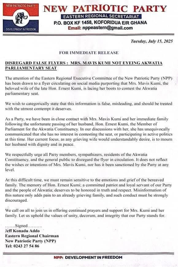 NezerBlogs's tweet image. The Eastern Regional Secretariat of the New Patriotic Party has denied recent reports suggesting that Mrs. Mavis Kumi, widow of the late Akwatia MP Hon. Ernest Kumi, intends to contest the seat. The secretariat described the information as false and misleading.