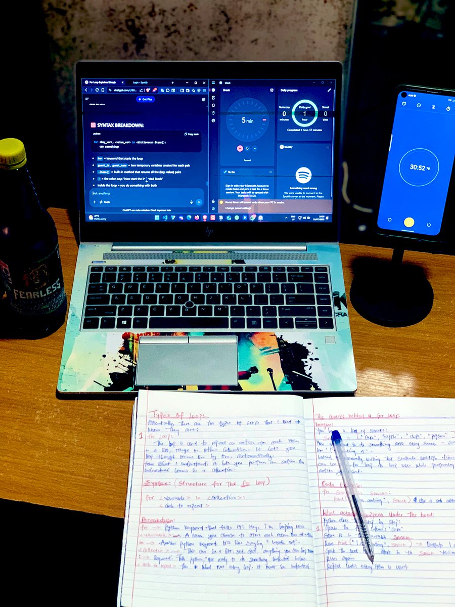 BlaqCodr's tweet image. 🚀 Day 15 of 182 – Python Journey
🔁 Relearned for loops to fix my guest directory logic. Built a working CLI version.
👀 Met None, grasped the basics.
📌 Next: while loops.
#100DaysOfCode #PythonJourney #6MonthsOfPython
#LearnInPublic
#Discipline
#code
#BuildInPublic