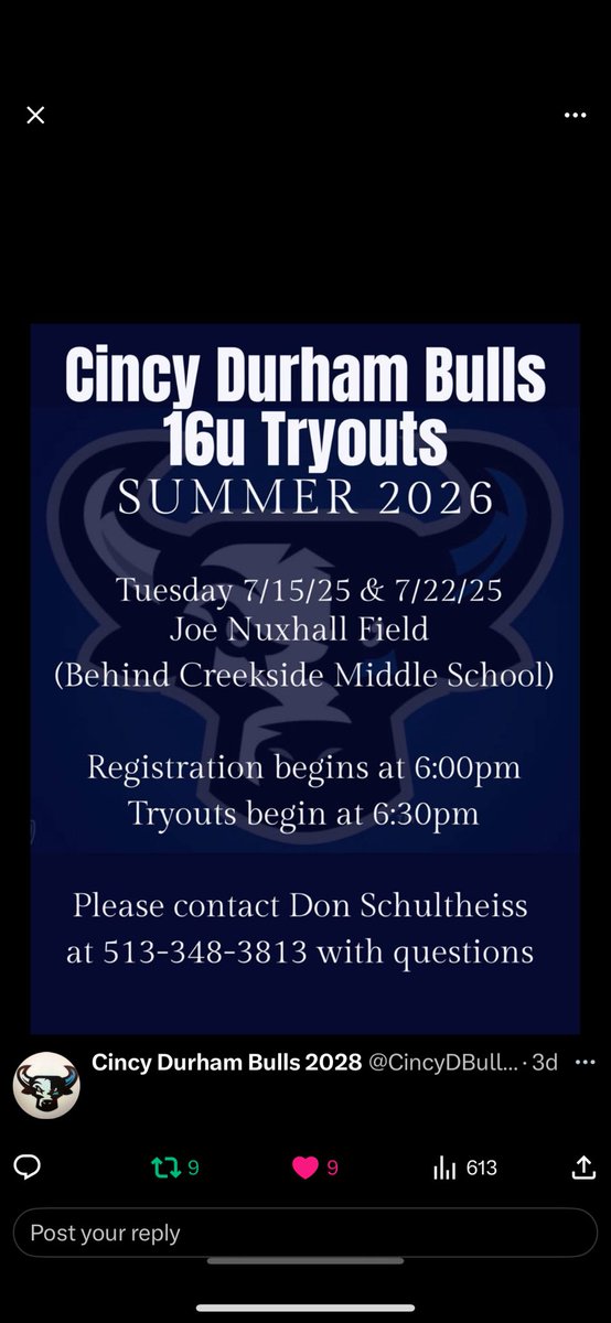 Cincy Durham Bulls 2028 (@cincydbulls2028) on Twitter photo UPDATE!! Tryouts tonight are canceled due to the weather. The tryout on the 22nd will still happen. Please reach out if you are unable to attend and would like to do a private workout. UPDATE!! Tryouts tonight are canceled due to the weather. The tryout on the 22nd will still happen. Please reach out if you are unable to attend and would like to do a private workout.