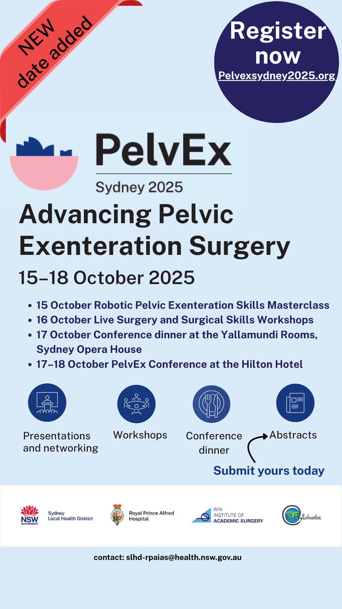 🎉Exciting News from Pelvex 2025! We’ve just added a brand-new Masterclass to our lineup!
🩺Join us for an exclusive Robotic Pelvic Exenteration Skills Masterclass.
🕒Learn more and register your expression of interest, closing 25 July 2025, 11.59pm AEST: pelvexsydney2025.org