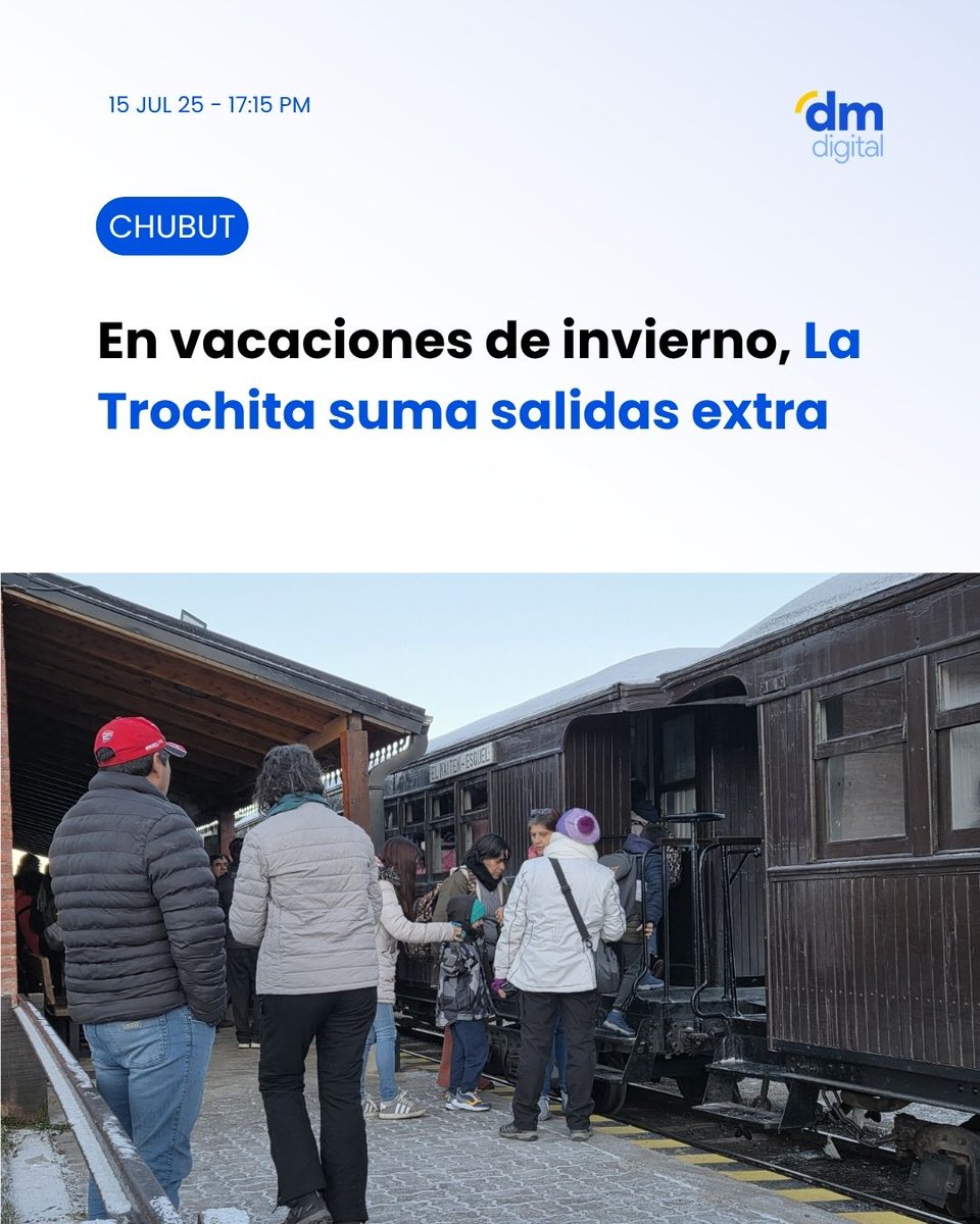 #Chubut | 🚂 La Trochita suma salidas en vacaciones

Este jueves 17/7 habrá un viaje extra entre Esquel y Nahuelpan por la alta demanda.

📍Salida 10 hs desde Esquel

Más info👉delmardigital.net/en-vacaciones-…