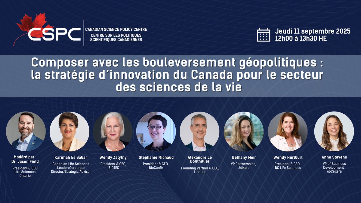 sciencepolicy's tweet image. Le secteur canadien des sciences de la vie fait face à de nouvelles dynamiques géopolitiques, menaces sanitaires et innovations scientifiques et numériques. Joignez-vous à nous le 11 sept pour discuter des défis et des opportunités: sciencepolicy.ca/fr/event/navig…
#CdnSci #CdnInnovation