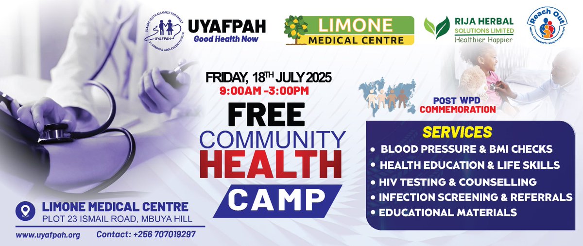 Limone Medical Centre in Partnership with <a href="/UYAFPAH11/">Youth4FP</a> , calls upon the general public for a free Health Camp in Commemoration of the WPD,2025.

We shall be offering a range of services at no cost.
Come One ,Come All
#WPD2025
#Obulamubwebugaga