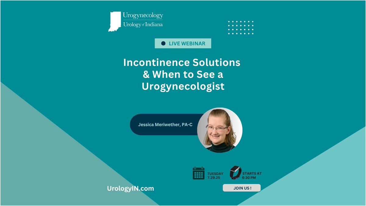 Frequent bathroom trips or leaks? Join Jessica Meriwether, PA-C for a webinar sharing her 15 years of experience as a Urogynecology &amp; Urology expert on Overactive Bladder and Bowel Incontinence. Tues 7/29/25 at 6:30 pm ET. Register: tinyurl.com/mrys4rrf