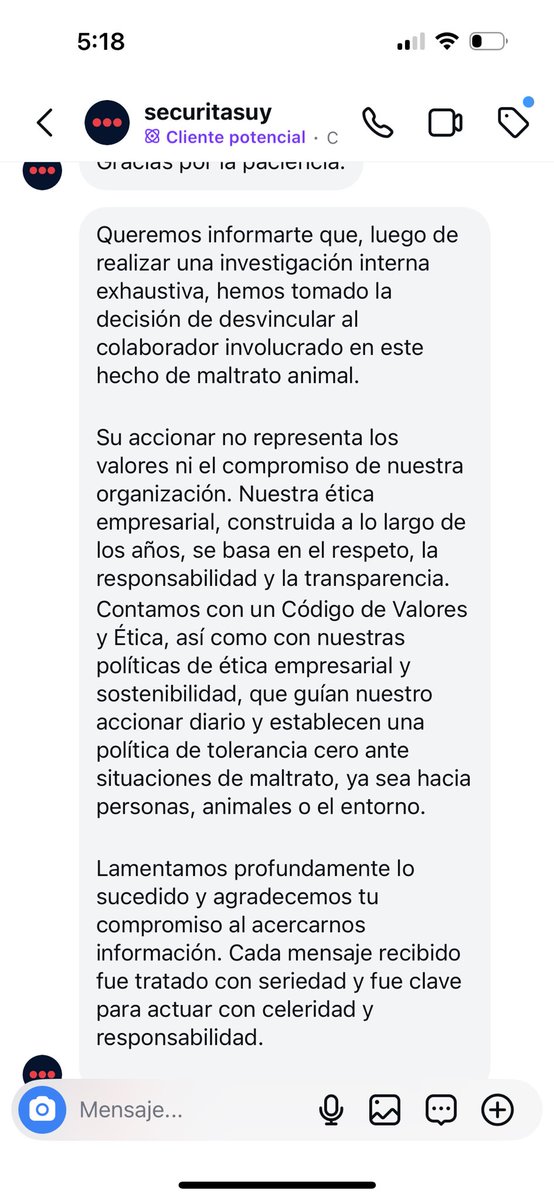redbicheraoficialuruguay (@redbicheraof) on Twitter photo Muchas gracias a la empresa <a href="/SecuritasUY/">Securitas Uruguay</a> por la cancelación del agresor de la perrita.
Gracias por su empatía, ahora vas a pensar dos veces antes de maltratar a un animal. Muchas gracias a la empresa <a href="/SecuritasUY/">Securitas Uruguay</a> por la cancelación del agresor de la perrita.
Gracias por su empatía, ahora vas a pensar dos veces antes de maltratar a un animal.