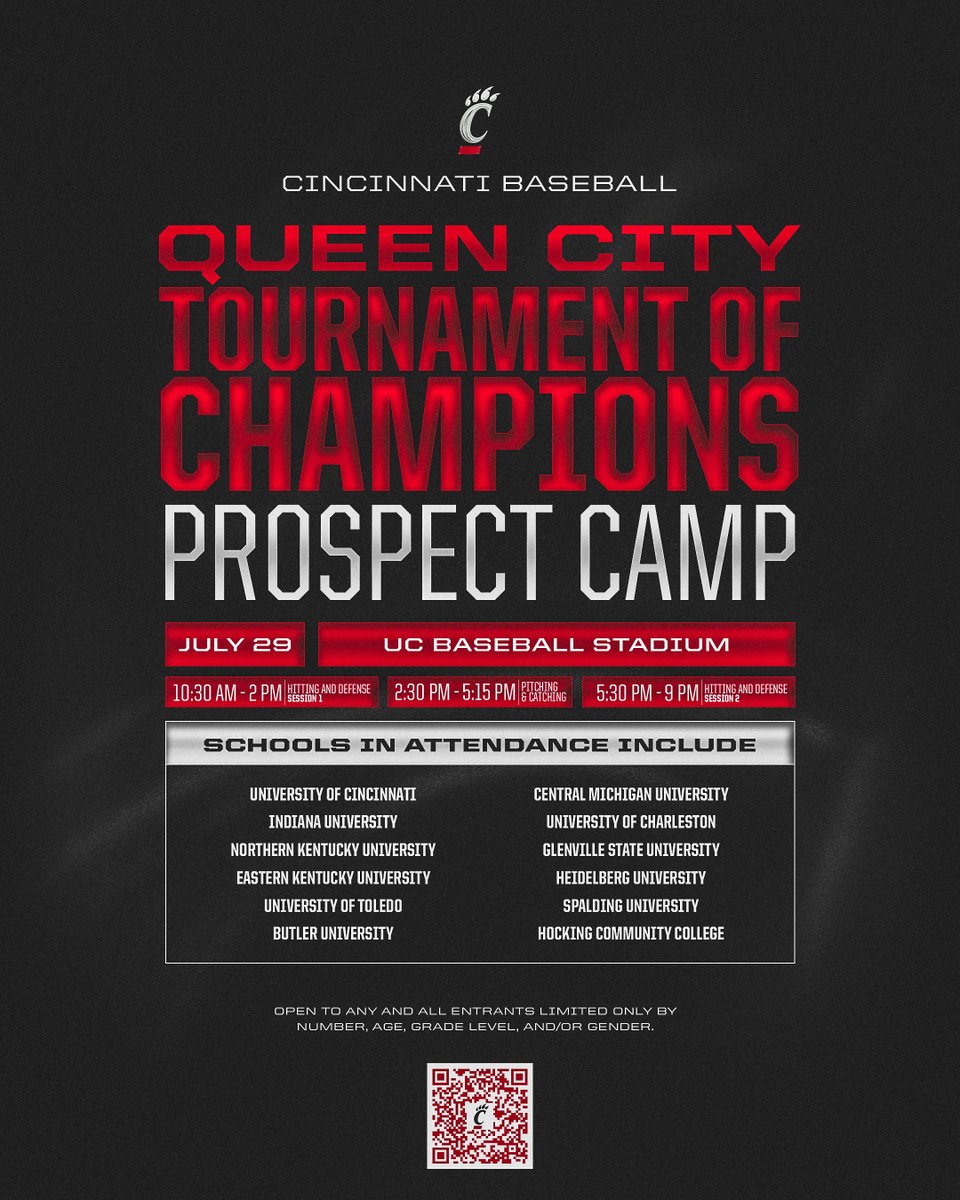 GoBearcatsBASE's tweet image. 🏆 Queen City Tournament of Champions Prospect Camp 🏆
Showcase your skills in front of several college programs!
🔗 cpaw.me/QCTOC
#Bearcats | #TenGames