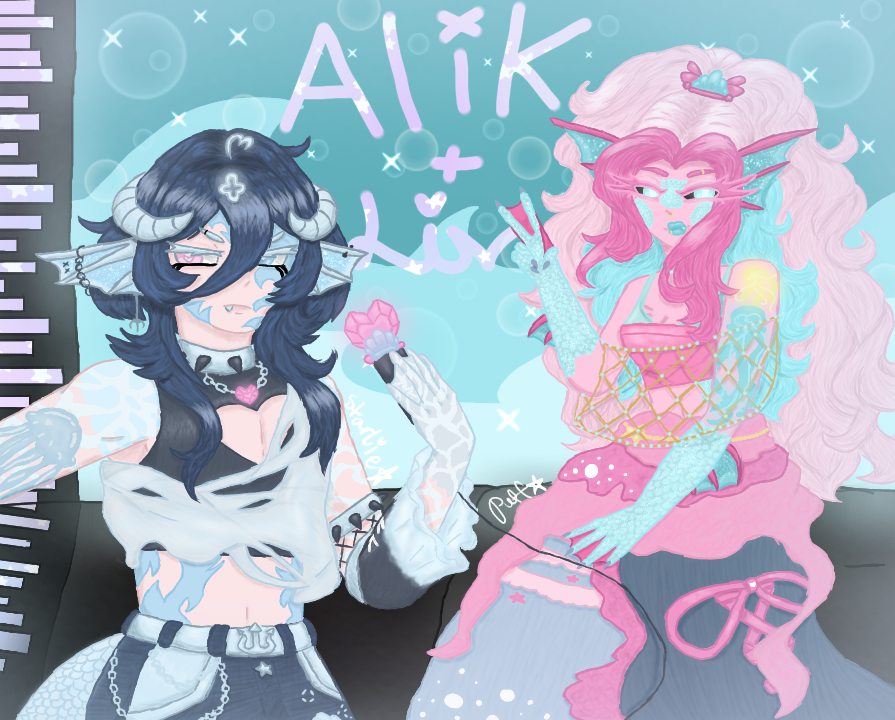 starlie_puff's tweet image. Shining Stars of the Sea 🫧✨
I'm finally done omg this took too long! I added some small things to Alyx and Liv just for fun lol. Also your ocs were really fun to draw. Enjoy!
@ArtisticLiv @Lagoon_Echoes
#livandalikartcontest
