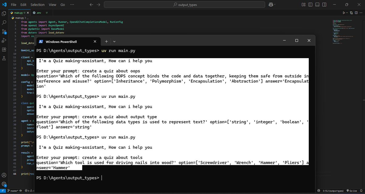 ShezaShamsher's tweet photo. I create a quiz agent using Pydantic, a Python framework where BaseModel acts as an object for data validation. If we define question as a string and options as a list, Pydantic ensures the output matches that exact structure.
@0xAsharib 

#Python #Pydantic #BaseModel https://t.co/cKQxfD4yGf