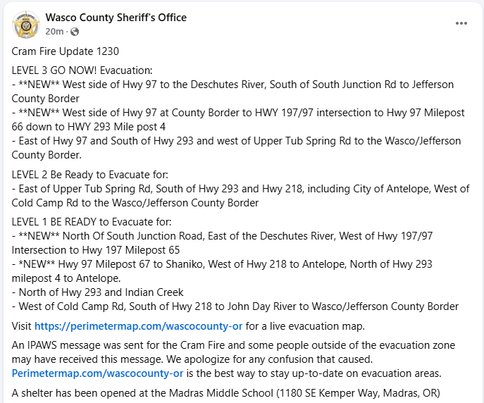 CentralORFire's tweet image. 🔥Wasco County has issued additional evacuations due to the #CramFire. For more details visit:
ℹ️Wasco County Facebook: facebook.com/WascoCountyShe…
🗺️Wasco County Evacuation Map: tinyurl.com/WascoCountyEva…