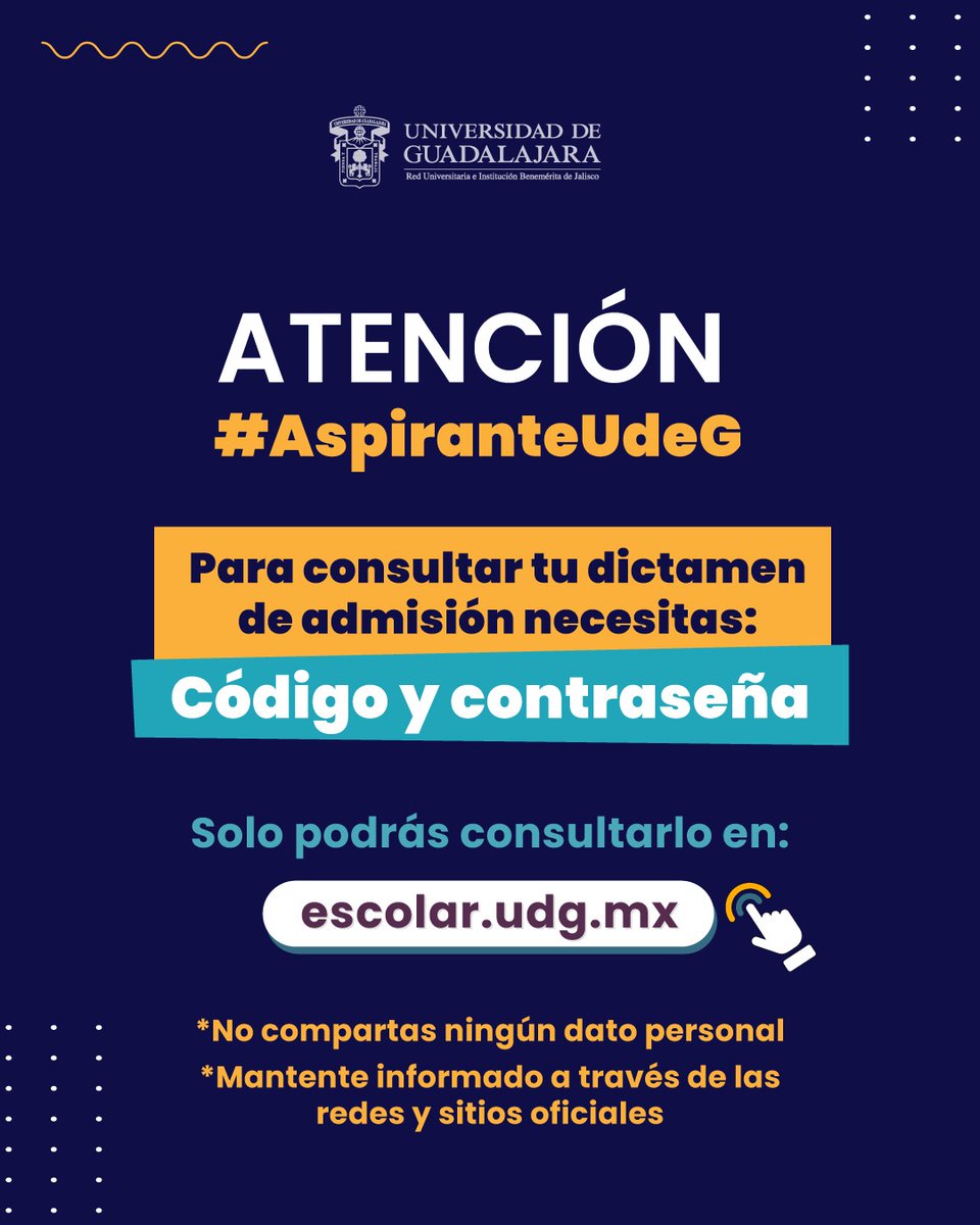 ¡Atención #AspiranteCUCS2025B! 📢 Te recordamos que el dictamen de admisión podrá ser consultado el martes 5 de agosto, a las 0:00 h.

👨‍💻 Accede con tu código y contraseña a la página web escolar.udg.mx

¡Mantente informado a través de las redes y sitios oficiales!