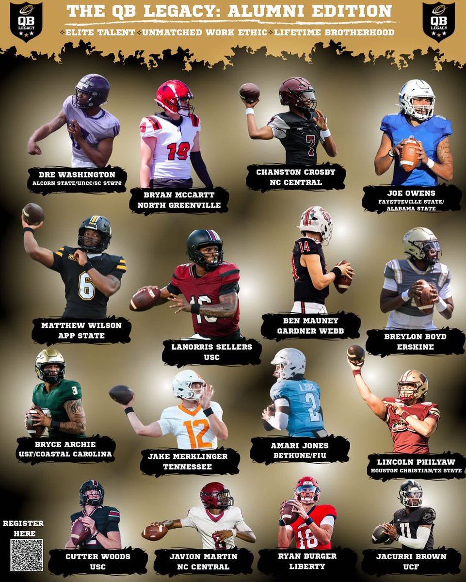 🚨 QB LEGACY SC CAMP UPDATE 🚨

‼️QB Pre-Registration is now CLOSED!

BUT we're still open for WRs - come get that work and level up your game! 💨🔥

We can't wait to hit the field with our QB Legacy Coaches &amp; College Alumni! 💫💫💫