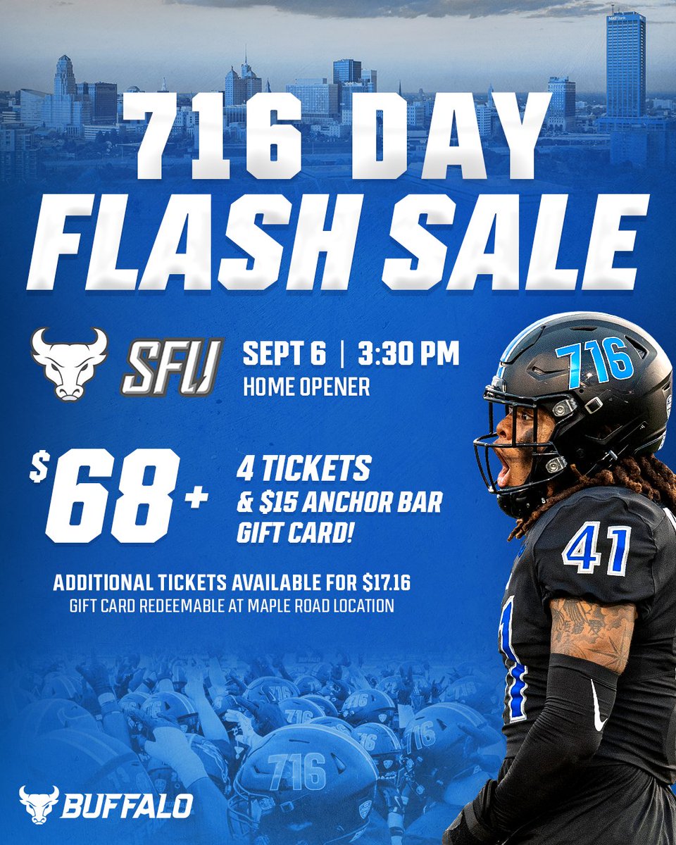 UB Athletics (@ubathletics) on Twitter photo ๐ต ๐ณ๐ญ๐ฒ ๐๐ฎ๐ ๐๐น๐ฎ๐๐ต ๐ฆ๐ฎ๐น๐ฒ ๐ต
4 tickets to <a href="/UBFootball/">UB Football</a> home opener + a $15 Anchor Bar gift card โ starting at just $68!
๐ On sale through Thursday at 10 AM
๐๏ธ gofevo.com/event/716dayUBโฆ ๐ต ๐ณ๐ญ๐ฒ ๐๐ฎ๐ ๐๐น๐ฎ๐๐ต ๐ฆ๐ฎ๐น๐ฒ ๐ต
4 tickets to <a href="/UBFootball/">UB Football</a> home opener + a $15 Anchor Bar gift card โ starting at just $68!
๐ On sale through Thursday at 10 AM
๐๏ธ gofevo.com/event/716dayUBโฆ