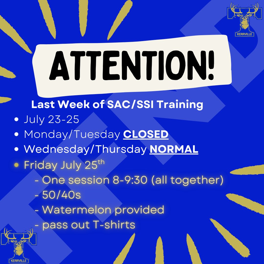 Next week is the last week for SAC/SSI. Please be aware of the schedule for next weeks training. Next friday the 25th, everyone is together for one session! #TFND