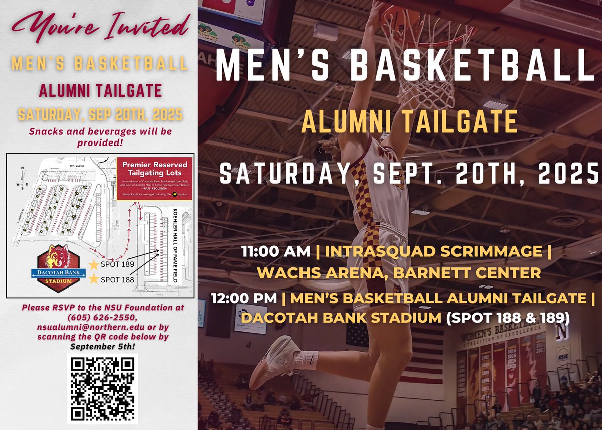 P.I.T.P. Club (@nsupitpclub) on Twitter photo Excited to invite <a href="/nsuwolves_mbb/">Northern State Menโs Basketball</a> alumni back to campus for our alumni tailgate! Join us on Gypsy Days for a chance to reconnect with old friends and catch a glimpse of the โ25-โ26 squad!
๐๏ธ Sep 20th
๐ Intersquad Scrimmage (11 AM)
๐ญTailgate (12:00 PM) Excited to invite <a href="/nsuwolves_mbb/">Northern State Menโs Basketball</a> alumni back to campus for our alumni tailgate! Join us on Gypsy Days for a chance to reconnect with old friends and catch a glimpse of the โ25-โ26 squad!
๐๏ธ Sep 20th
๐ Intersquad Scrimmage (11 AM)
๐ญTailgate (12:00 PM)
