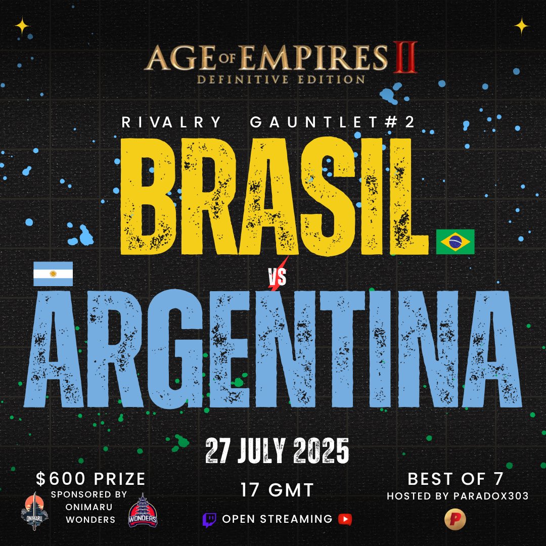 We have our second Rivalry Gauntlet of the summer confirmed.

🚨Match #2 is... 
🛡️Argentina 🇦🇷 vs 🇧🇷 Brasil 
⚔️4v4 BO7
💵Sponsored by <a href="/OnimaruEsports/">Team Onimaru Esports</a> and <a href="/aoe_wonders/">wonders.aoe</a> 

🎙️Open streaming, tag your streamer below who you want to cover the series below 👇
