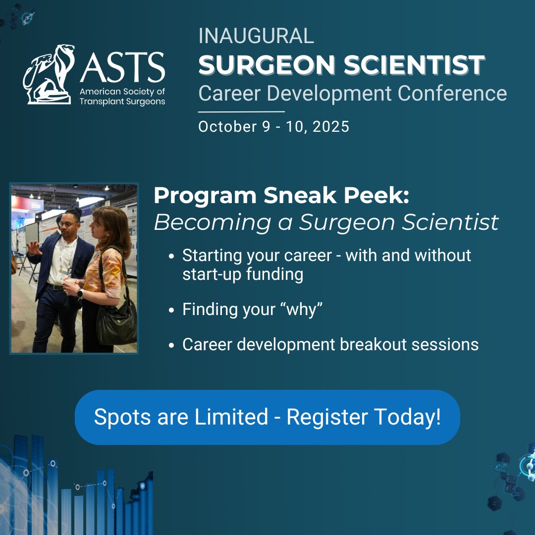 ASTSChimera's tweet image. Early career surgeon scientists — don’t miss “Becoming a Surgeon Scientist” at the Inaugural Surgeon Scientist Conference! 💡
Topics:
🔹 Starting out (w/ or w/o funding)
🔹 Finding your “why”
🔹 Center director insights
🔹 Career dev breakouts
Register: bit.ly/4nvjH1J