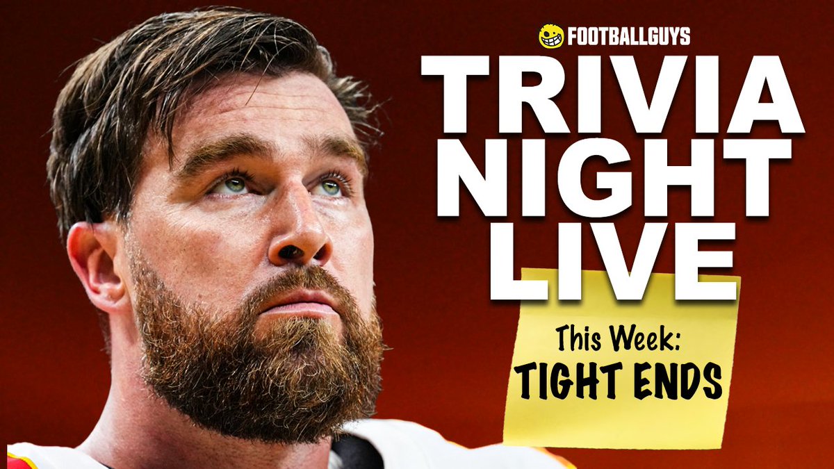 Footballguys Fantasy Football (@footballguys) on Twitter photo 🏈 How many 1,000 yard receiving seasons has Travis Kelce had?
Join us tonight at 8:00 PM/ET for Tight End Trivia with special guest <a href="/CoopAFiasco/">Andrew Cooper</a>!!! 🏈 How many 1,000 yard receiving seasons has Travis Kelce had?
Join us tonight at 8:00 PM/ET for Tight End Trivia with special guest <a href="/CoopAFiasco/">Andrew Cooper</a>!!!