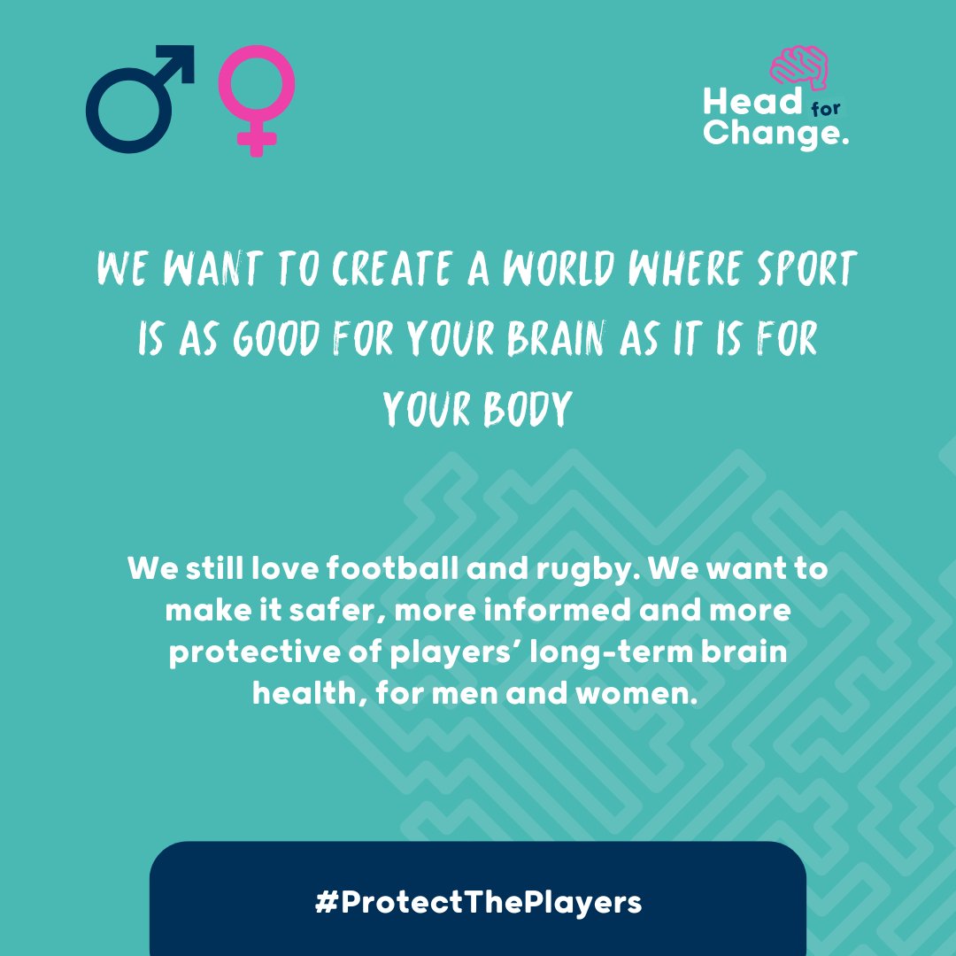 Head4Change's tweet image. We want to create a world where sport is as good for your brain as it is for your body.🧠
We still love football and rugby. We want to make it safer, more informed and more protective of players’ long-term brain health, for men and women.
#BePartOfTheSolution #ProtectOurPlayers