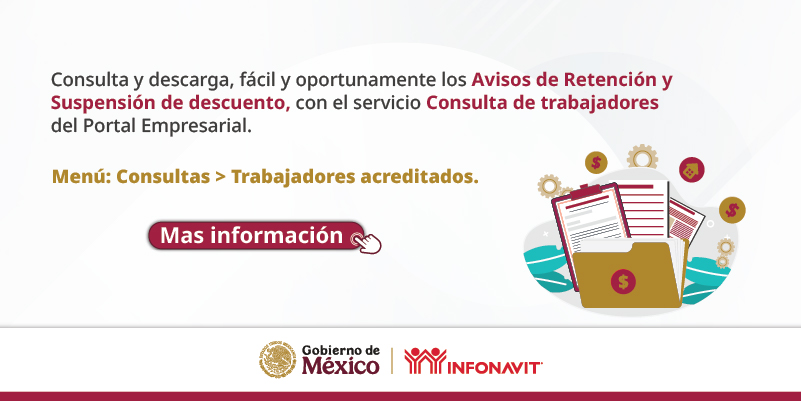 CanacoTapachula's tweet photo. Servicio consulta de trabajadores.
Te permite consultar la información referente a los trabajadores que tienen un crédito vigente con el Infonavit y descargar los avisos de retención y suspensión de descuentos. 
Mayor información: https://t.co/6XNUWgcNJG https://t.co/cQWtev8jKr