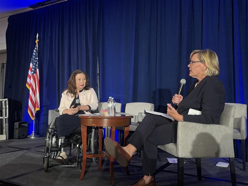 AAAEDelivers's tweet image. Senate Aviation Subcommittee Ranking Member @SecDuckworth is joined by our Senior Vice President, Government Affairs, Karen Kuhlman for a fireside chat at our ATC Modernization Summit