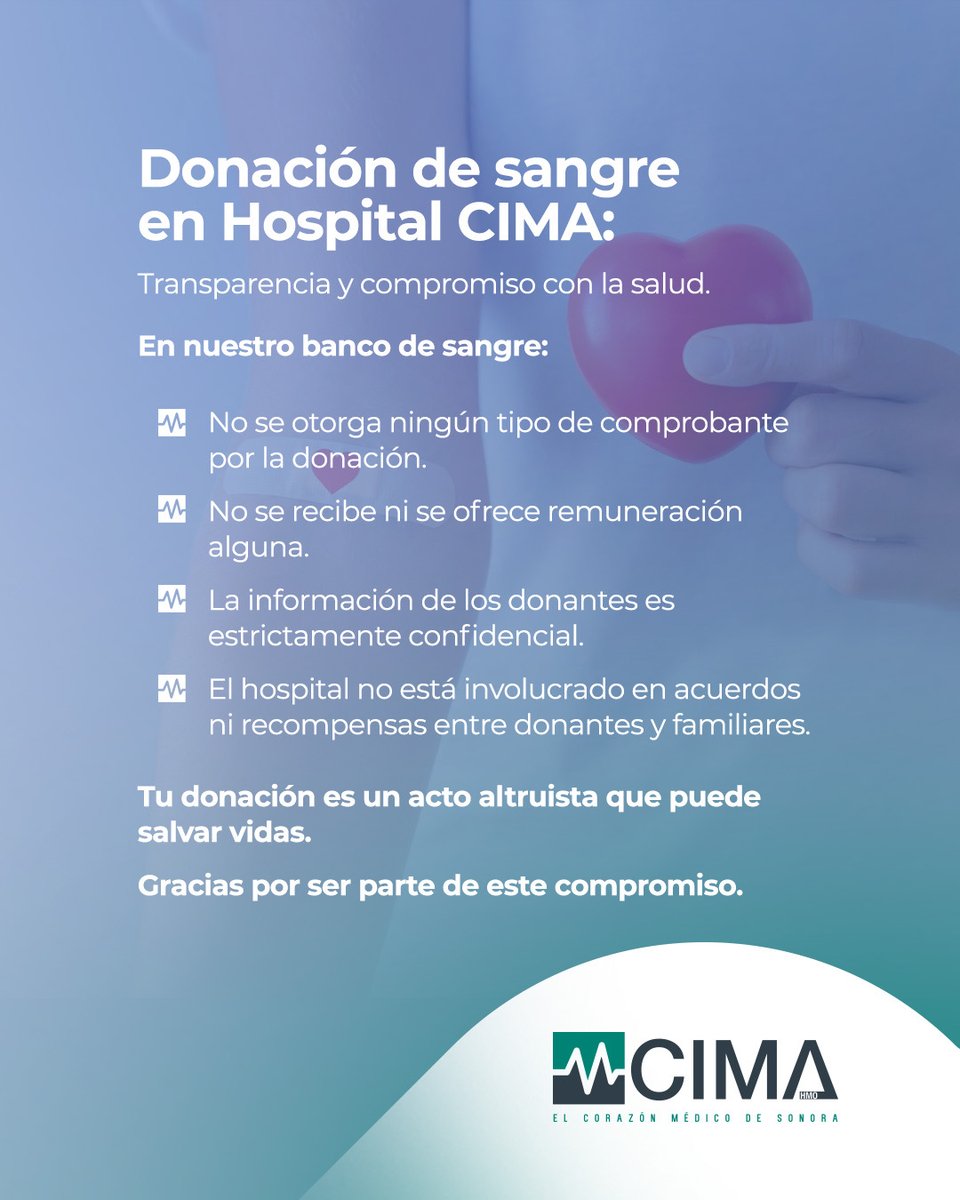 En Hospital CIMA, donar sangre es un compromiso auténtico con la vida.

Nuestra labor se basa en la transparencia y el respeto absoluto a cada persona que decide regalar una oportunidad de vivir.

Donar sangre es dar vida, sin esperar nada a cambio.

Infórmate sobre cómo ser
