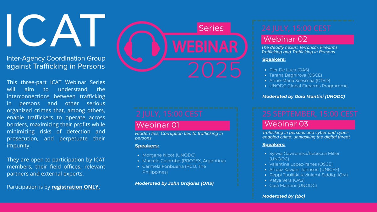 UN ICAT (@icat_news) on Twitter photo 2 webinars down
1 more to go
Stay tuned for one more webinar to go.
📅 25 September
Human trafficking, cyber and cyber-enabled crime
Learn more about the Webinar Series ➡️: bit.ly/ICATWebinars20…
Register: bit.ly/ICATRegister 2 webinars down
1 more to go
Stay tuned for one more webinar to go.
📅 25 September
Human trafficking, cyber and cyber-enabled crime
Learn more about the Webinar Series ➡️: bit.ly/ICATWebinars20…
Register: bit.ly/ICATRegister