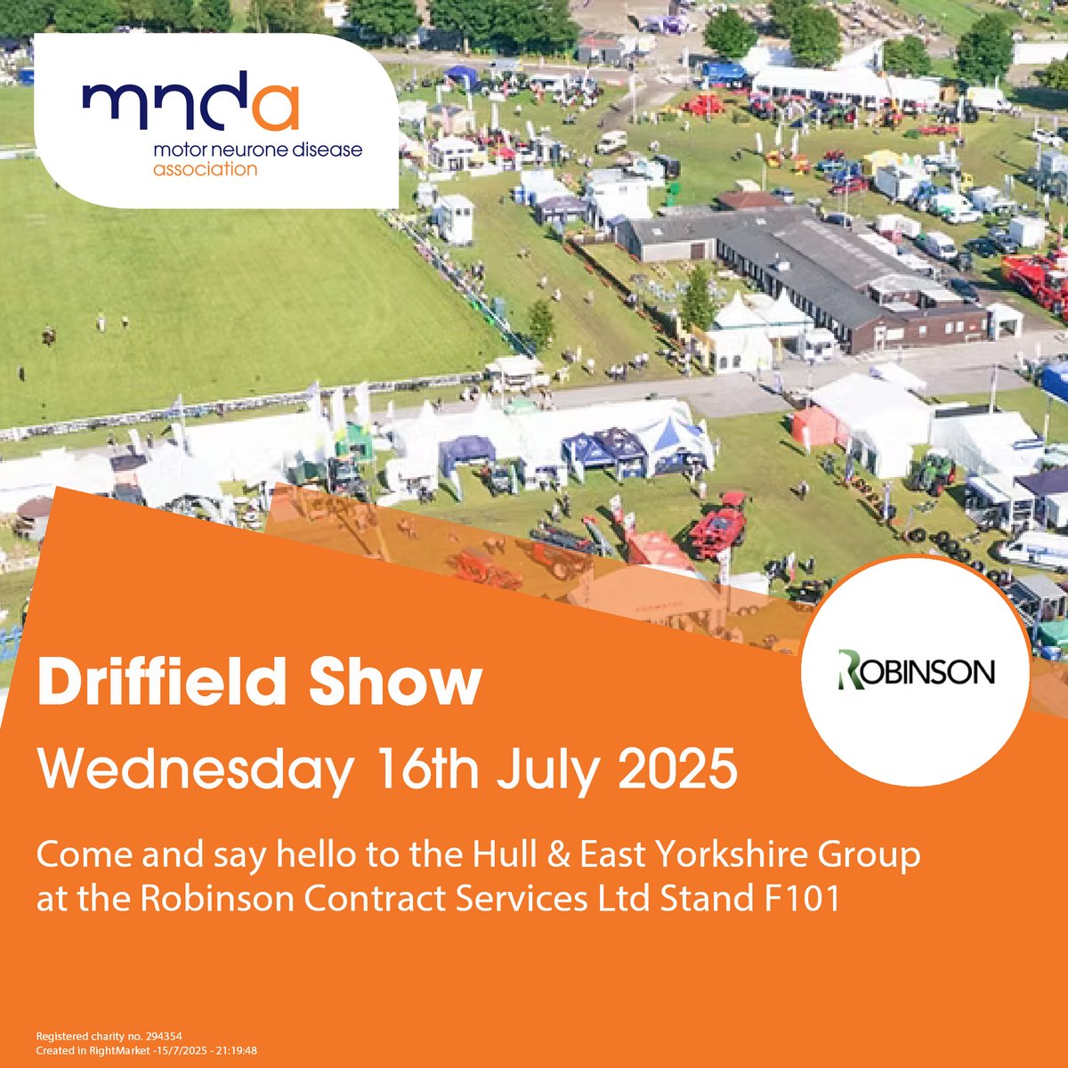 Come and meet the <a href="/mndassoc/">MND Association</a> Hull &amp; East Yorkshire Group at <a href="/DriffieldShow/">Driffield Showground</a> TOMORROW. Our volunteers will be there to tell you about local support and also with a raffle and merchandise 🎪
Special thanks to <a href="/RCS_Yorkshire/">Robinson Contract Services Limited</a>  for kindly inviting us to join them 🧡💙