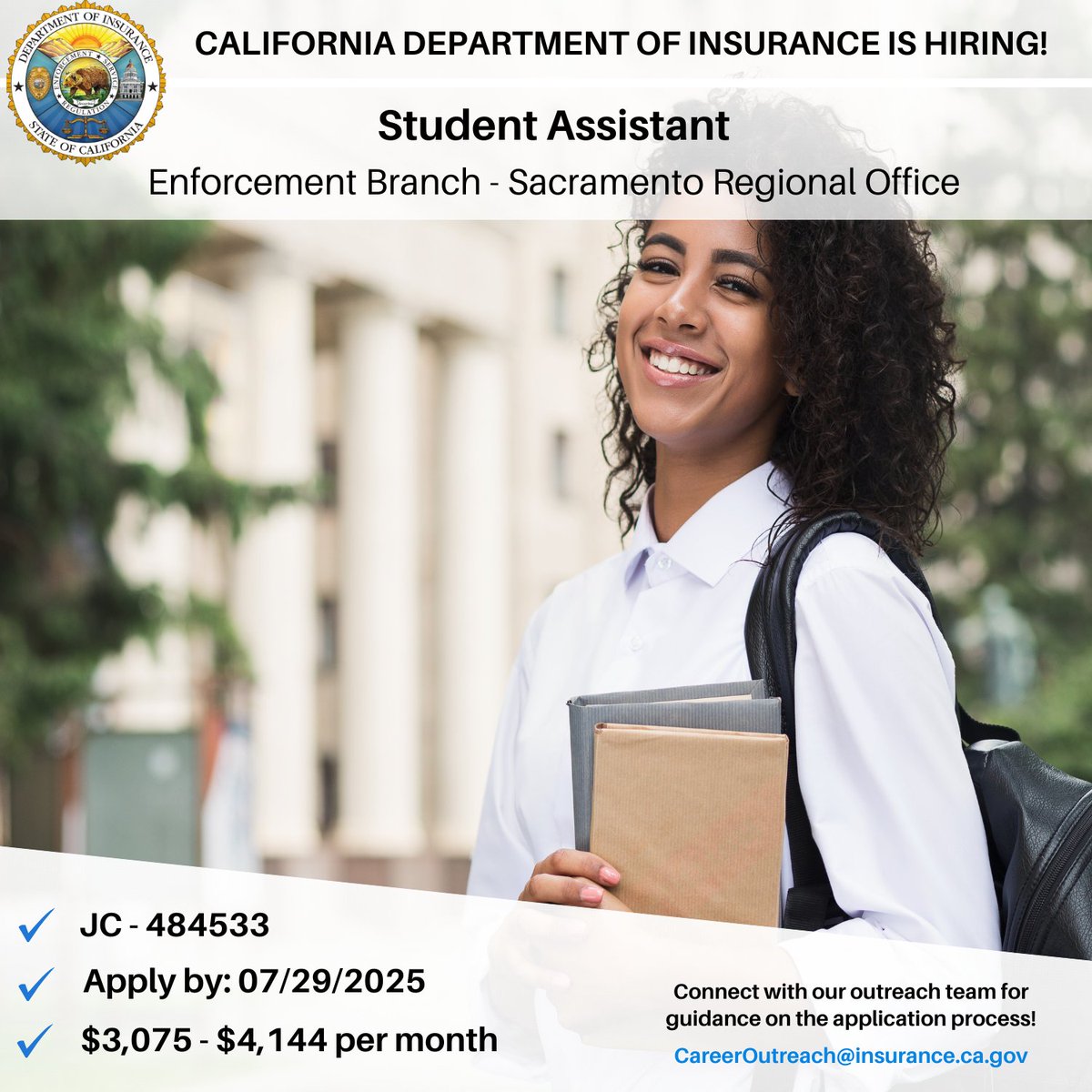 CDInews's tweet image. Students! 🚨 Build valuable skills as a Student Assistant with CDI's Fraud Division in Sacramento.
Dive into case support, data analysis, and more in a law enforcement setting.
Learn more & apply: calcareers.ca.gov/CalHrPublic/Jo…
#Work4CA