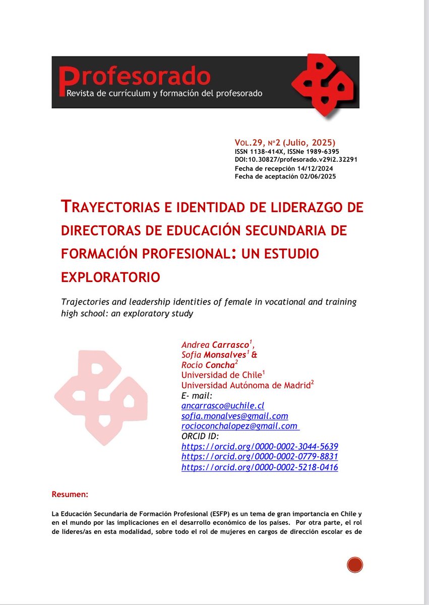 Recién publicado! Artículo construido con Rocío Concha y Sofía Monsalves sobre trayectorias e identidad de liderazgo de directoras escolares en EMTP en <a href="/Rev_Profesorado/">Profesorado, revista de Currículum y Formación</a> 
revistaseug.ugr.es/index.php/prof…