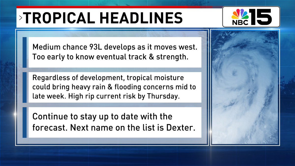Kelly Foster (@kelly_wpmi) on Twitter photo Invest 93L has moved into northeast Florida. Still a medium development chance as it moves west. Latest run of models favoring a northern solution, but we could easily see changes. Continuing to watch closely. We'll have a full breakdown tonight on <a href="/mynbc15/">NBC 15 News</a> at 5, 6, & 10PM. Invest 93L has moved into northeast Florida. Still a medium development chance as it moves west. Latest run of models favoring a northern solution, but we could easily see changes. Continuing to watch closely. We'll have a full breakdown tonight on <a href="/mynbc15/">NBC 15 News</a> at 5, 6, & 10PM.