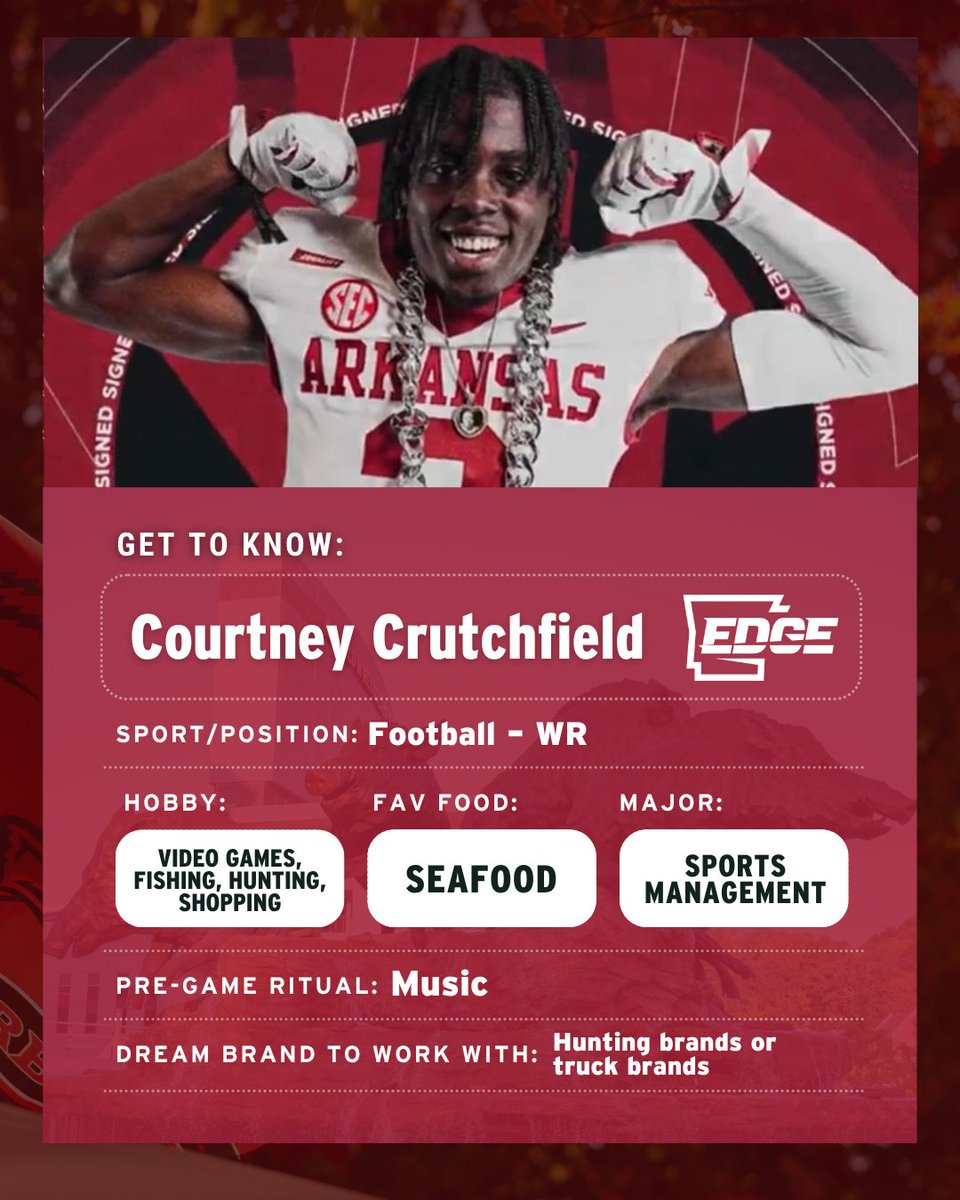 Arkansas Edge (@arkansasedgenil) on Twitter photo Get to know wide receiver, Courtney Crutchfield! 45 days until football season is BACK! 🏈🏈 <a href="/courtney_C2024/">Courtney Crutchfield</a> <a href="/RazorbackFB/">Arkansas Razorback Football</a> Get to know wide receiver, Courtney Crutchfield! 45 days until football season is BACK! 🏈🏈 <a href="/courtney_C2024/">Courtney Crutchfield</a> <a href="/RazorbackFB/">Arkansas Razorback Football</a>