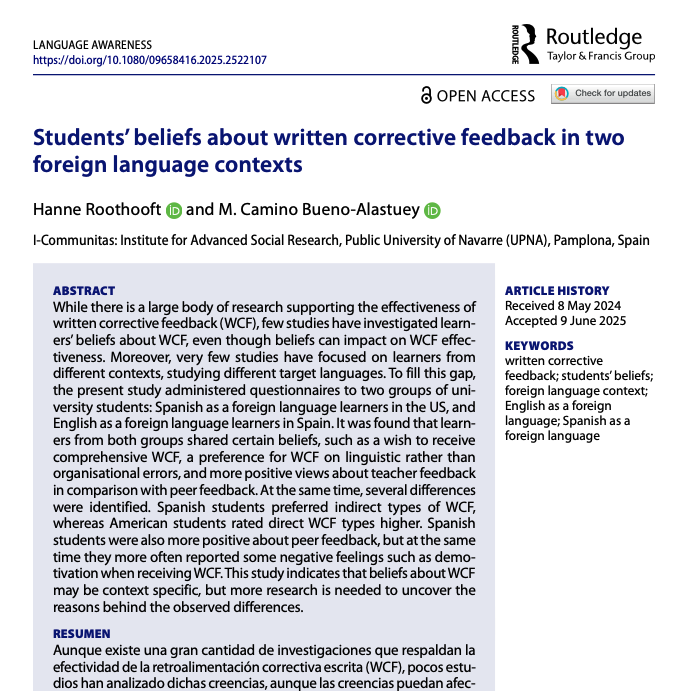 Most learners say they want written corrective feedback (WCF), but what kind? Spanish EFL learners preferred indirect WCF and peer input (despite feeling more demotivated), while US learners studying Spanish preferred direct WCF. Abs.=Spanish #LanguageLearning #WCF