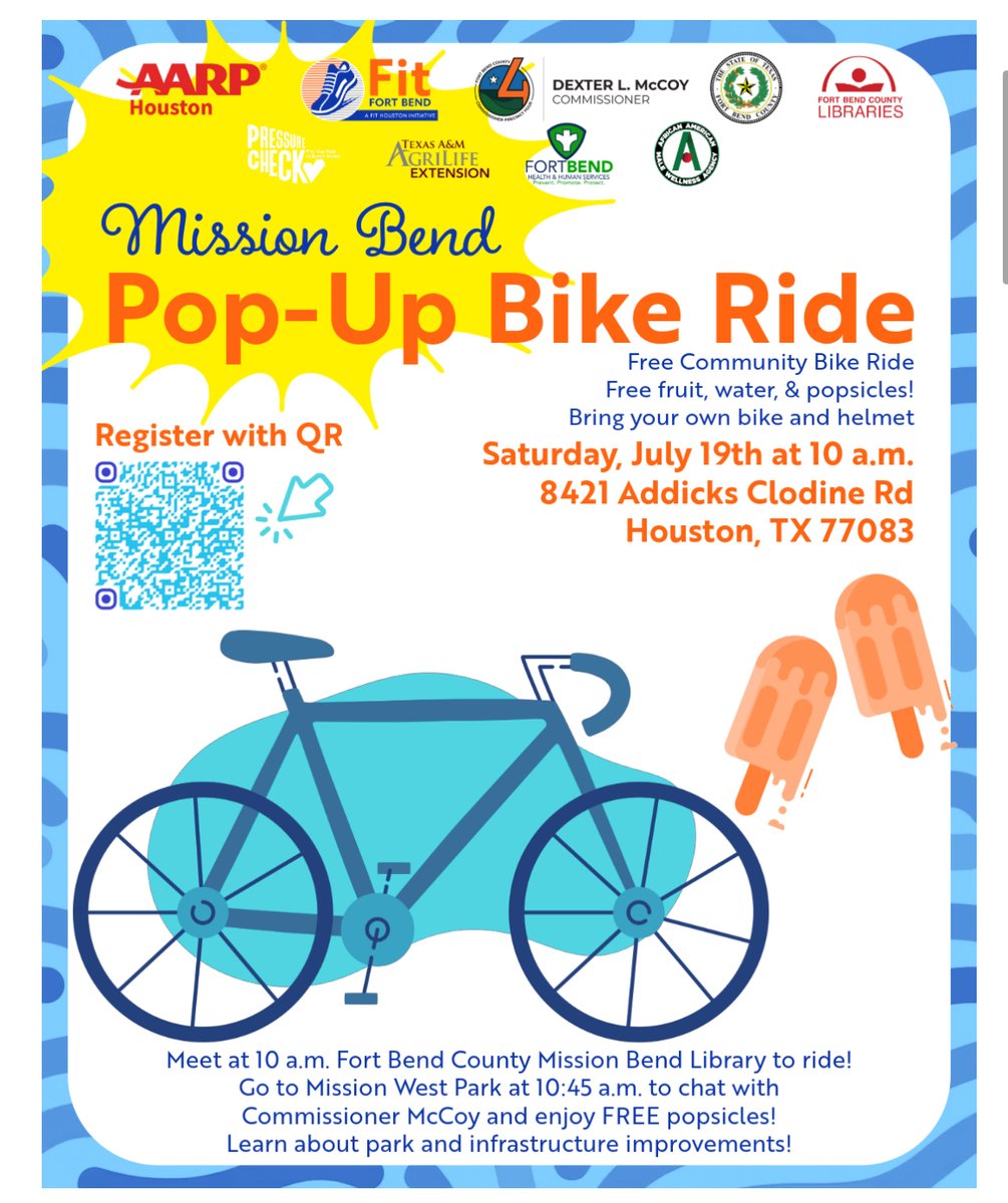 FortBendHealth's tweet image. Join us for the Mission Bend Pop-Up Bike Ride on Saturday, July 19 at 10 a.m.! 🚲 Enjoy a free community ride with fruit, water &amp;amp; popsicles.  Meet at 8421 Addicks Clodine Rd. and ride to Mission West Park for a chat with Commissioner McCoy! #BikeRide #CommunityFun