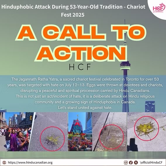 officialHinduCF's tweet image. The Jagannath Rath Yatra, a sacred chariot festival celebrated peacefully in Toronto for over 53 years, was targeted with hate on July 12, 2025. Eggs were thrown at devotees and chariots, disrupting a spiritual and cultural Hindu Community procession.

This is a deeply disturbing…