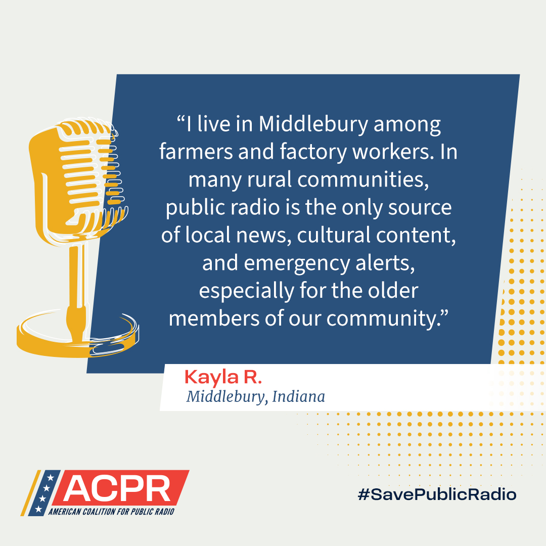 goACPR's tweet photo. Local news. Cultural content. Emergency alerts.
Local public radio stations provide these invaluable services to listeners in Indiana, Kansas, Missouri, and in every state throughout the country. #SavePublicRadio https://t.co/dAzNGJl7R9