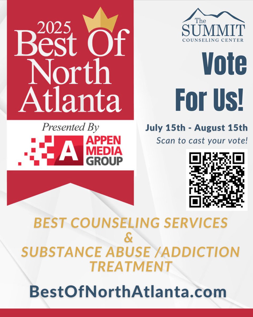 We’re honored to be nominated for Best Counseling Services and Substance Abuse/Addiction Treatment in the 2025 Best of North Atlanta Awards!  Voting is open July 15 – August 15! BestOfNorthAtlanta.com