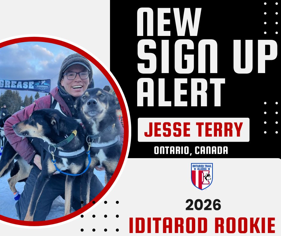 📣NEW MUSHER JOINS IDITAROD 54! 🥳   We’re excited to welcome a brand new face to the 2026 Iditarod lineup! 🐾  Please welcome Iditarod Rookie from Ontario, Canada, Jesse Terry!

You can view the full list of 2026 mushers on our website👉 iditarod.com/race/2026/mush…