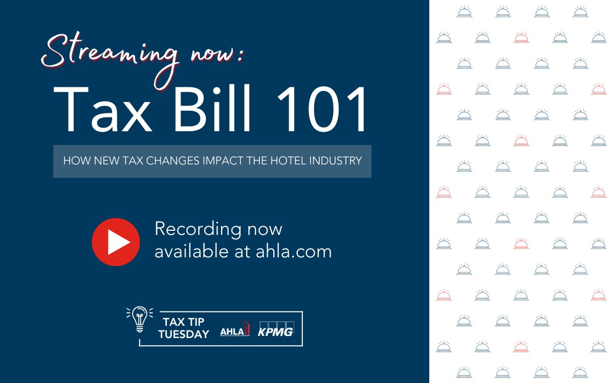 ICYMI: AHLA's member webinar with Allied+ member <a href="/KPMG/">KPMG</a> on how new tax changes impact the hotel industry.

Watch now to learn about:

- Important business tax provisions
- Valuable individual tax provisions
- How changes to tax law will affect you, your employees, and your