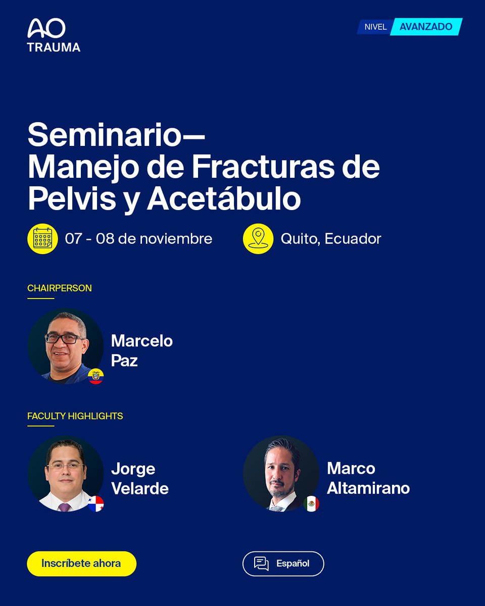 ¿Interesado en el manejo de fracturas complejas de pelvis y acetábulo? Este 7 y 8 de noviembre en Quito 🇪🇨, participa en un seminario avanzado con discusiones de casos y técnicas quirúrgicas actualizadas.
 
➡️ bit.ly/4lkInIx